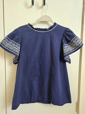 Umgee Navy Blue 100% Cotton Embroidered Flutter Sleeve Top